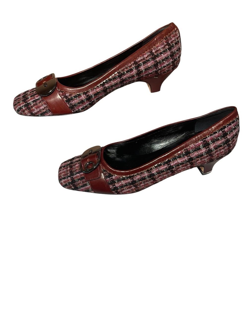 Van Eli Womens Pink Tweed Low Heel Pumps with Brown Trim